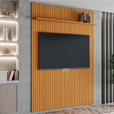 Painel Para Tv Até 55 Polegadas 1,35x2,40m Ripado Com Prateleira Arbo Cedro Edn Nature
