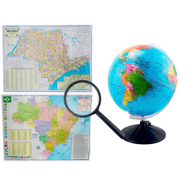Kit Globo Terrestre Profissional Studio 30cm + Lupa +  Mapa do Brasil + Mapa de SP Edição Atualizada Escolar