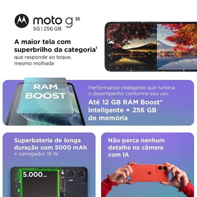 Smartphone Motorola Moto G35 Coral 5G, 256GB, 12GB RAM Boost, Processador Octa-Core, Câmera Traseira 50MP + 8MP, Selfie 16MP Tela 6.7 Coral