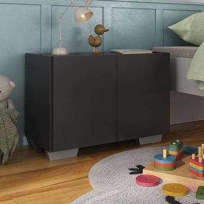 Mesa De Cabeceira Com Pés 2 Portas Mp4134 Preta cinza Preto cinza
