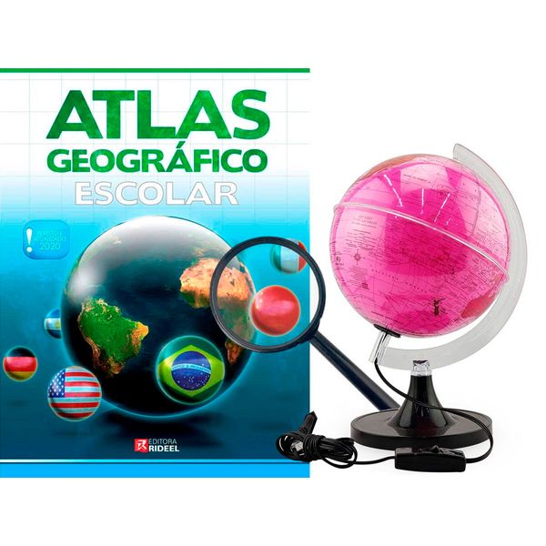 Kit Globo Rosa Terrestre 21CM LED Profissional + Lupa  + Atlas Escolar Atualizado Mapas De Países Físicos e Políticos
