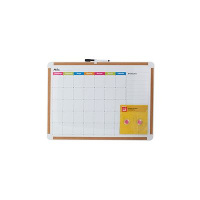 Quadro Magnético Branco Le Planejamento Mensal com Cortiça, 2 Ímãs e Marcador 43x58cm