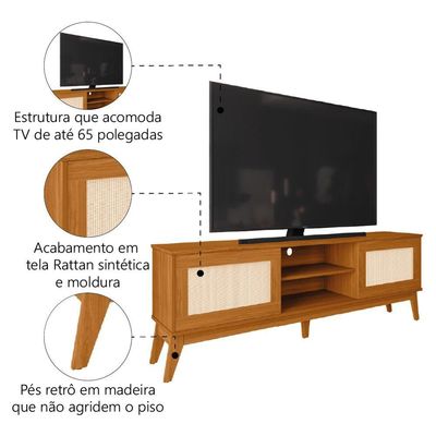 Rack Bancada Para Tv Até 65 Polegadas 1,80m 2 Portas Com Tela Rattan Cedro Cairo Edn Cedro