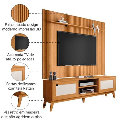 Rack Bancada Cairo C/ Painel Para Tv Até 75 Polegadas 1,79m Avante Cedro Ripado 3d Cedro