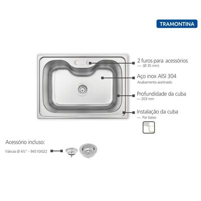 Cuba Morgana De Embutir (undermount) Aço Inox 60 Fx - Tramontina 93806/192