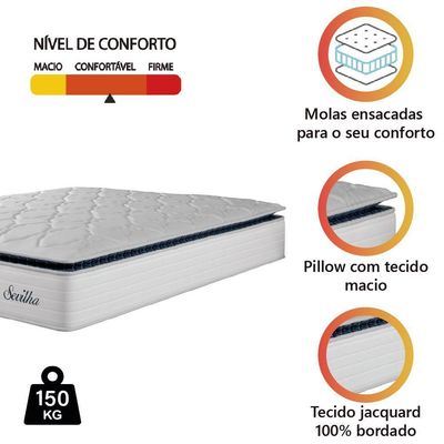 Colchão Casal Molas Ensacadas Com Pillow Sevilha 138x188x33cm Branco/cinza Hellen-suporta Até 150kg Por Pessoa Branco