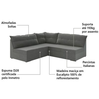 Sofá De Canto 5 Lugares Renaut Suede Cinza Mamflex Cinza