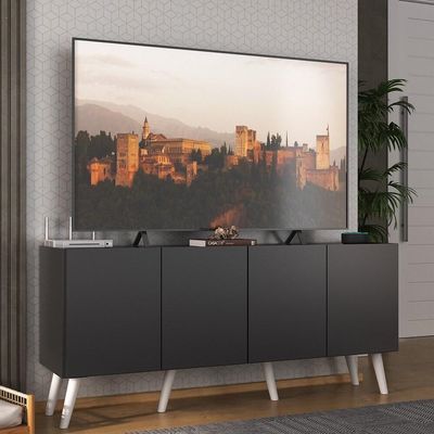Rack Retrô Para Tv Até 50 Polegadas Com 4 Portas Multimóveis Mp1071 Preto/branco