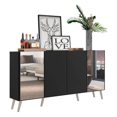 Aparador Buffet com Espelho e Pés Retrô Preto/branco