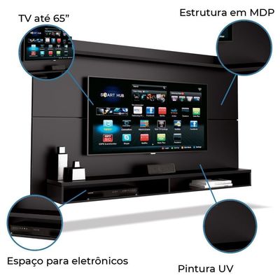 Painel TV Até 65" Com Prateleira 1,80m Preto
