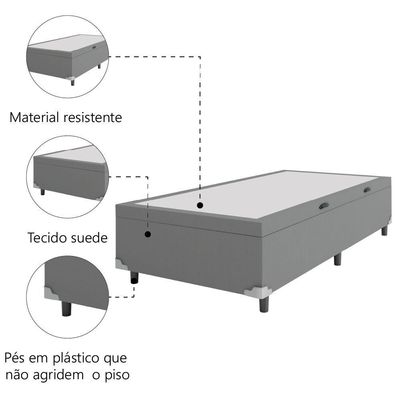 Cama Box Com Baú Solteiro 0,88m Com 41cm De Altura Prince Cinza Cinza
