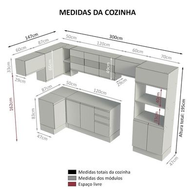 Armário Cozinha Completo 100% MDF 447cm Branco/Rústico/Crema