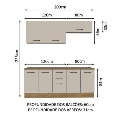 Kit 2 Balcões e 2 Armários Aéreos 200cm Rustic/crema