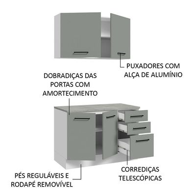 Kit Balcão E Armário Aéreo 120cm Branco/Cinza