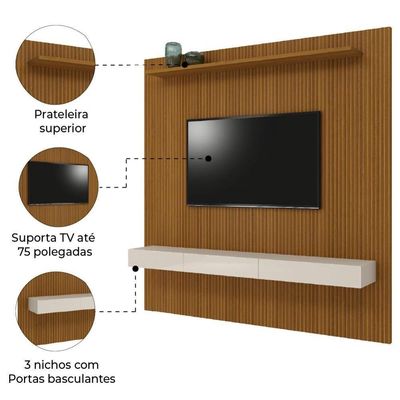 Painel Para Tv Até 75 Polegadas Ripado Impressão 3D Egeo Com Prateleira 2,25M Cedro Edn Cedro