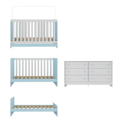 Berço 3 Em 1 Para Colchão 130 X 60cm Com Cômoda Doce De Leite Multimóveis Branco Azul