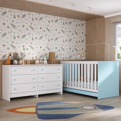 Berço 3 Em 1 Para Colchão 130 X 60cm Com Cômoda Doce De Leite Multimóveis Branco Azul