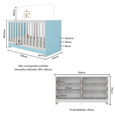 Berço 3 Em 1 Para Colchão 130 X 60cm Com Cômoda Doce De Leite Multimóveis Branco Azul