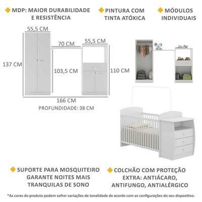 Quarto Infantil Com Berço-cômoda E Colchão Incluso Laura Multimóveis Branco