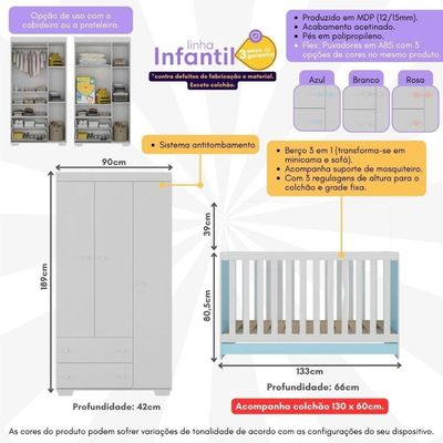 Quarto Infantil Com Berço Colchão Incluso E Guarda-roupas Algodão Doce Multimóveis Mp4248 Branco/azul