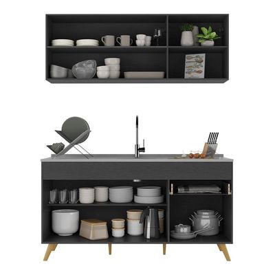 Armário De Cozinha Compacta 150cm Veneza Multimóveis V2142 Preto/dourado Preto/dourado