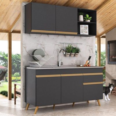 Armário De Cozinha Compacta 150cm Veneza Multimóveis V2142 Preto/dourado Preto/dourado