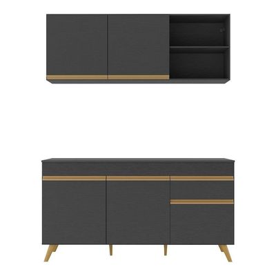 Armário De Cozinha Compacta 150cm Veneza Multimóveis V2142 Preto/dourado Preto/dourado