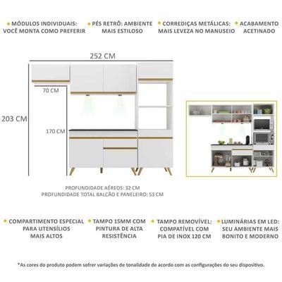 Armário De Cozinha Compacta 252cm Com Leds Veneza Up Multimóveis V2015 Branco/dourado Branco/dourado