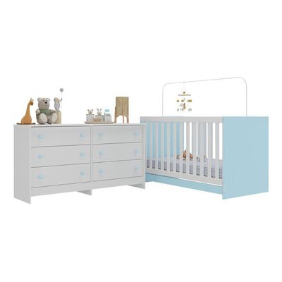 Berço 3 Em 1 Com Colchão Incluso E Cômoda Doce De Leite Multimóveis Branco Azul