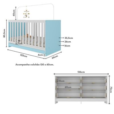 Berço 3 Em 1 Com Colchão Incluso E Cômoda Doce De Leite Multimóveis Branco Azul