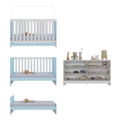 Berço 3 Em 1 Com Colchão Incluso E Cômoda Doce De Leite Multimóveis Branco Azul