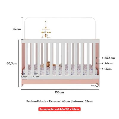 Berço 3 Em 1 Com Colchão Incluso Doce De Leite Multimóveis Mp4244 Rosa