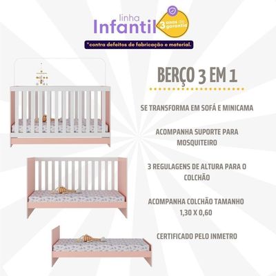 Berço 3 Em 1 Com Colchão Incluso Doce De Leite Multimóveis Mp4244 Rosa