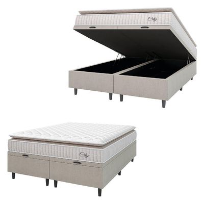 Cama Box Baú Colchão Casal Queen Molas Ensacadas City Pillow Top 158x198x64cm Branco-Bege Hellen Suporta até 110kg por Pessoa