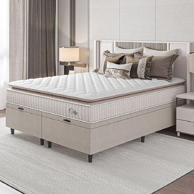 Cama Box Baú Colchão Casal Queen Molas Ensacadas City Pillow Top 158x198x64cm Branco-Bege Hellen Suporta até 110kg por Pessoa