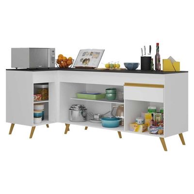 Kit Armário De Cozinha Balcão Canto 90cm E Gabinete Pia 150cm Veneza Mp2158 Branco/dourado