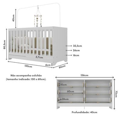 Berço 3 Em 1 Para Colchão 130 X 60cm Com Cômoda Pipoca Multimóveis Branco