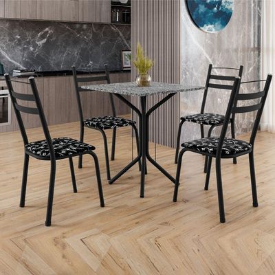 Conjunto Sala De Jantar Mesa Thais Com 4 Cadeiras 0,70m Granito Ocre Preto floral Artefamol