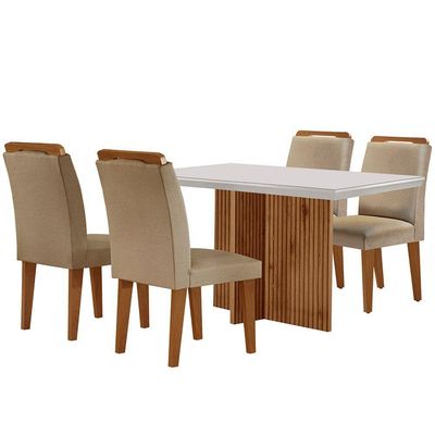 Mesa Olimpia 120cm Mdf Vidro Canto Reto Com 4 Cadeiras