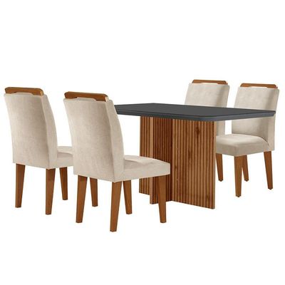 Sala De Jantar Mesa 120cm Mdf Vidro Canto Copo  4 Cadeiras
