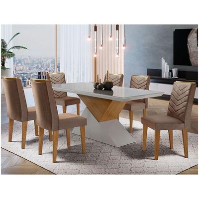 Mesa Tampo Mdf E Vidro 6 Cadeiras Marrom, Off White E Imbuia