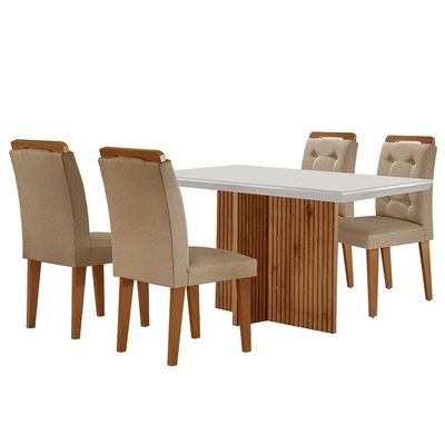 Mesa Olímpia 120cm Mdf Vidro Canto Reto Com 4 Cadeiras