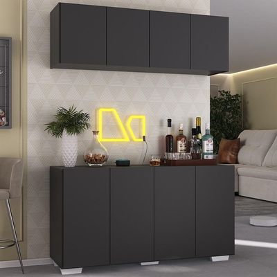 Kit Bar Armário Aéreo E Aparador 4 Portas Multimóveis Mp1087 Preto/branco Preto/branco