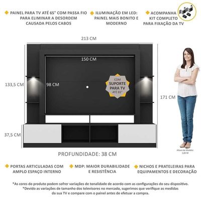 Rack Estante com Suporte Tv 65´´ Leds Preto/Branco