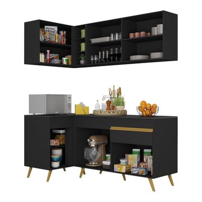 Armário De Cozinha Compacta De Canto Veneza Multimóveis V2057 Preto/dourado Preto/dourado