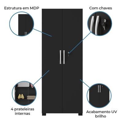 Armário Multiuso Com Chave 2 Portas Chicago Notável Preto Preto