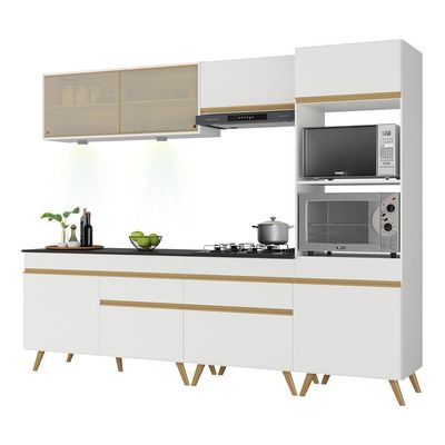 Armário De Cozinha Completa 252cm Com Leds Veneza Up Multimóveis V2037 Branco/dourado Branco/dourado