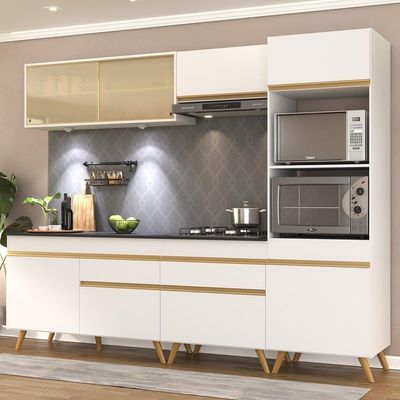 Armário De Cozinha Completa 252cm Com Leds Veneza Up Multimóveis V2037 Branco/dourado Branco/dourado