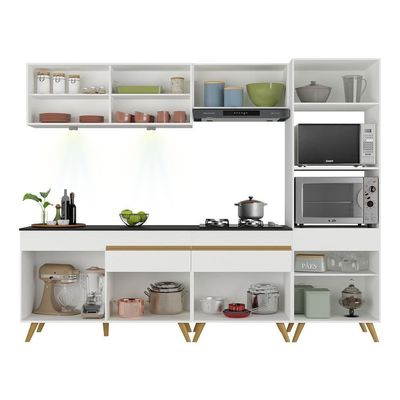 Armário De Cozinha Completa 252cm Com Leds Veneza Up Multimóveis V2037 Branco/dourado Branco/dourado