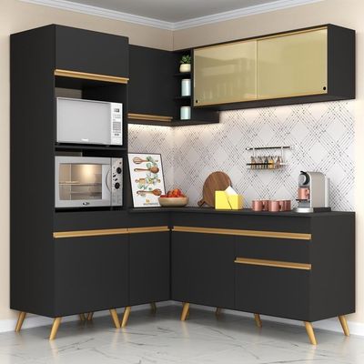 Armário De Cozinha Completa De Canto Veneza Multimóveis V2063 Preto/dourado Preto/dourado